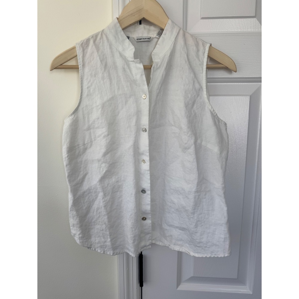 Richard Malcolm White 100%‎ Irish Linen Sleeveless Mandarin Collar Blouse Medium